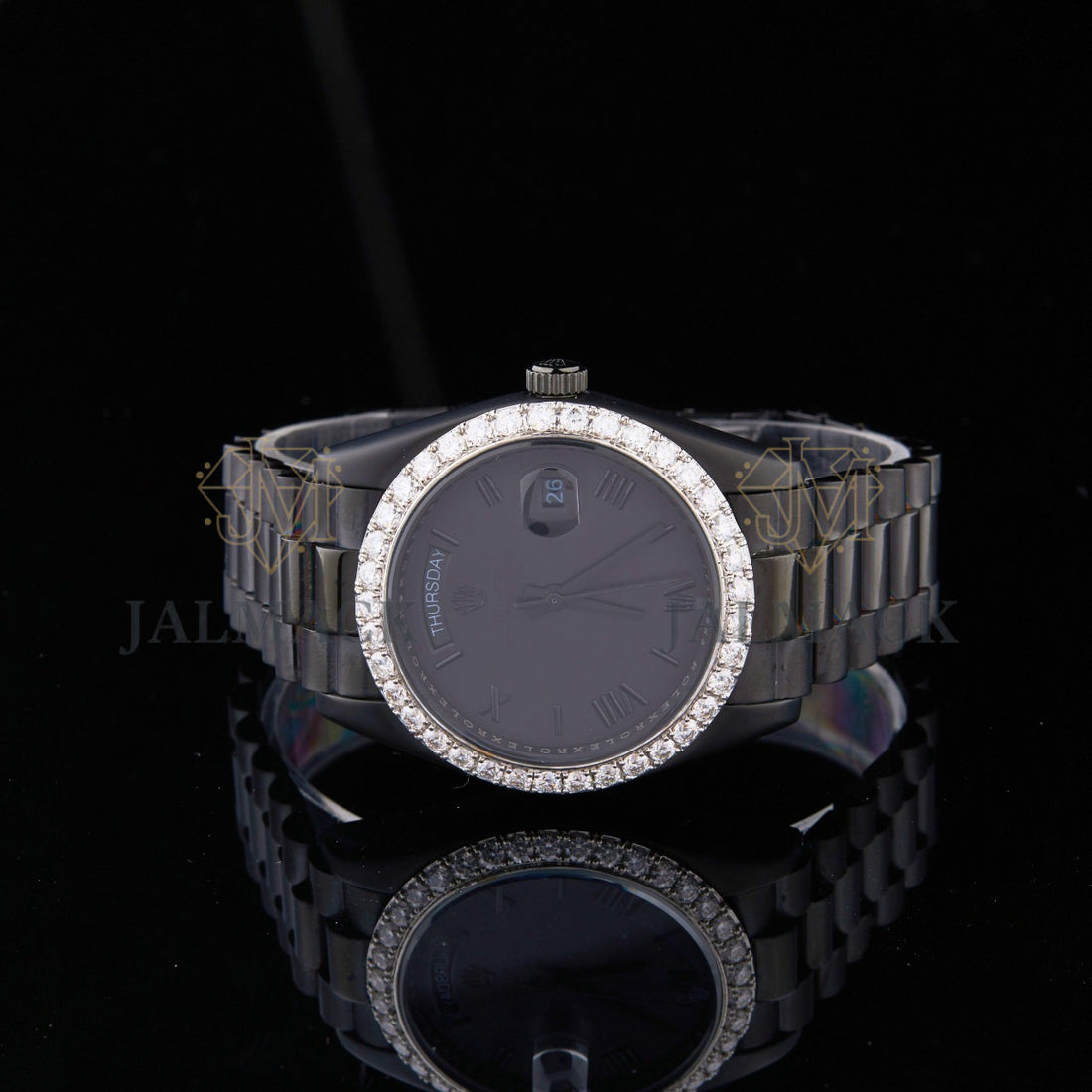 Black Dial Roman Numeral Round-Cut Moissanite Day-Date Watch