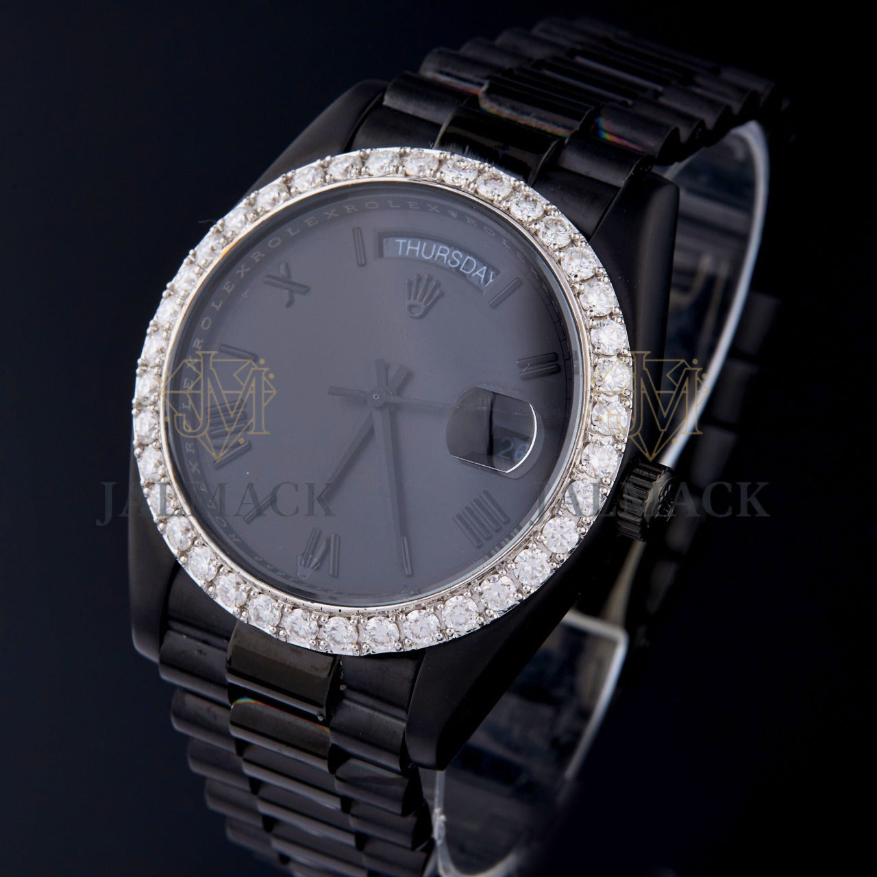 Black Dial Roman Numeral Round-Cut Moissanite Day-Date Watch