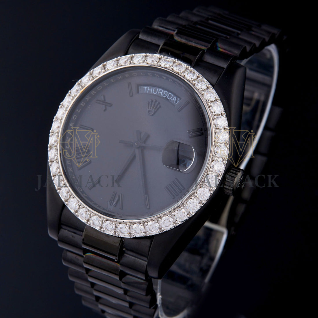 Black Dial Roman Numeral Round-Cut Moissanite Day-Date Watch