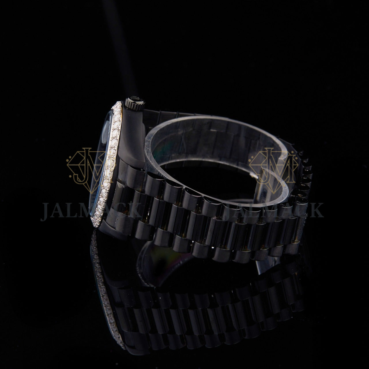 Black Dial Roman Numeral Round-Cut Moissanite Day-Date Watch
