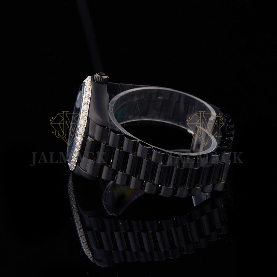 Black Dial Roman Numeral Round-Cut Moissanite Day-Date Watch