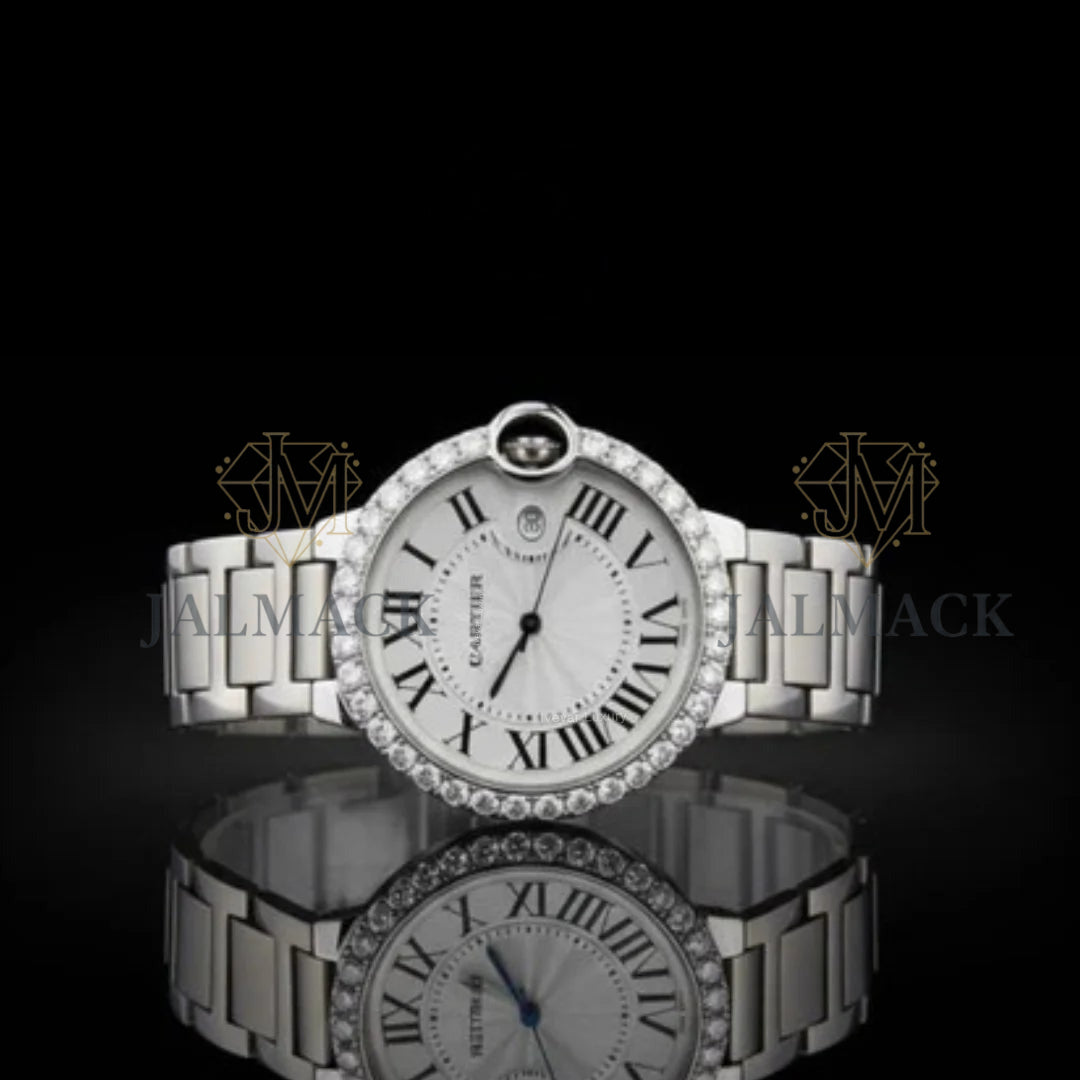 Silver Dial Black Roman Numeral Round-Cut Moissanite Watch