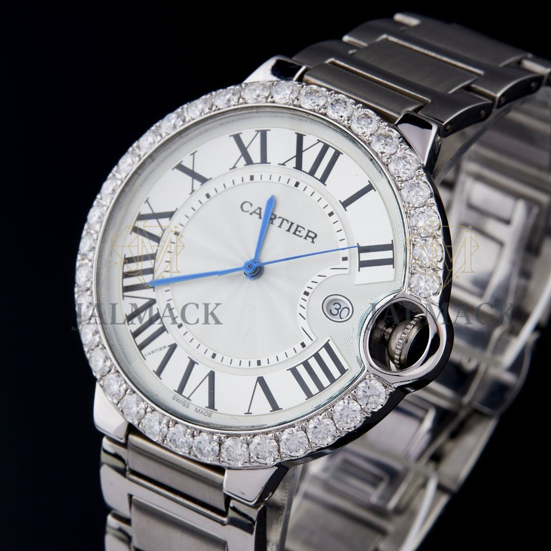Silver Dial Black Roman Numeral Round-Cut Moissanite Watch