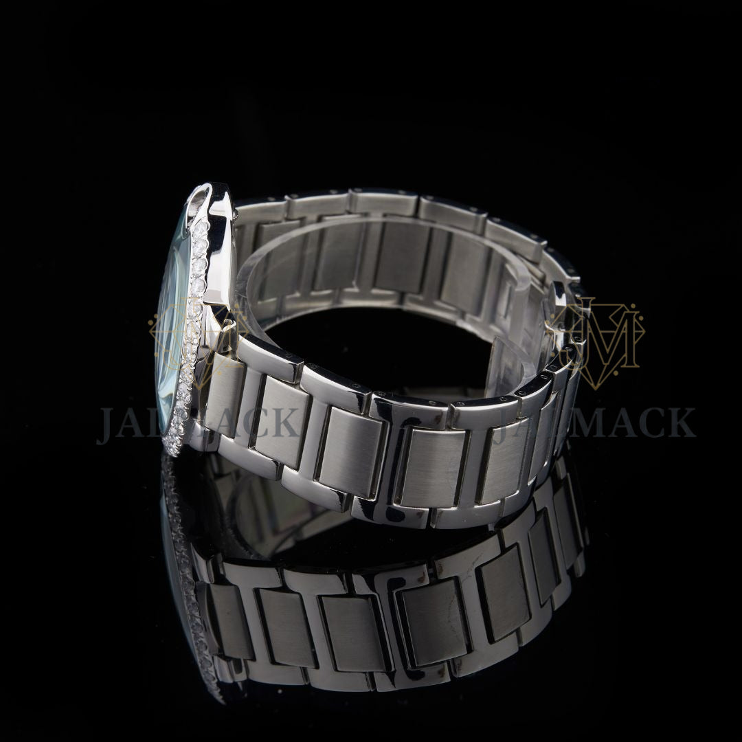 Silver Dial Black Roman Numeral Round-Cut Moissanite Watch