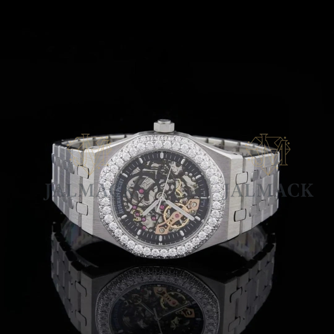 Black Skeleton Dial Baton Marker Round-Cut Moissanite Automatic Watch