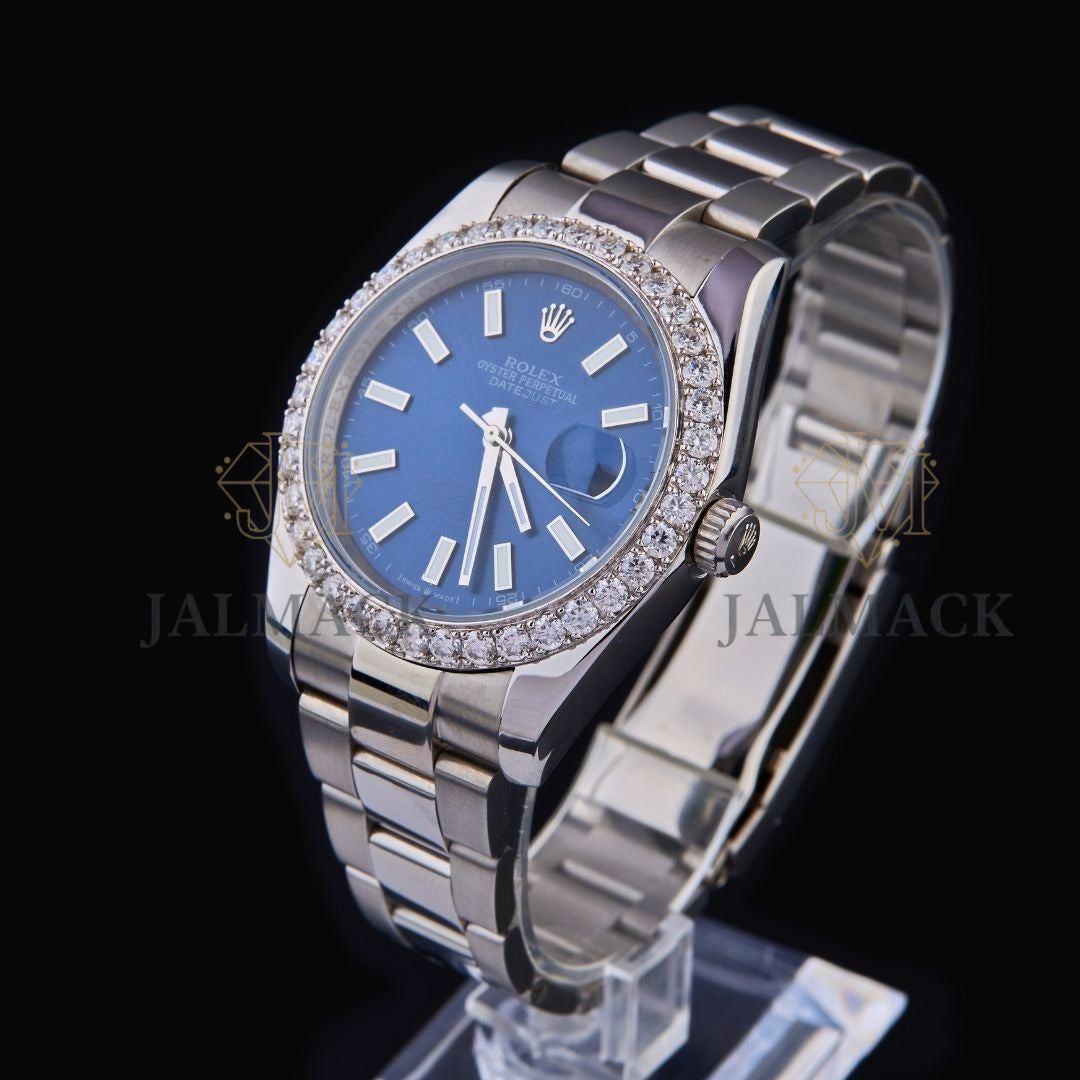 Blue Dial Baton Marker Round-Cut Moissanite Automatic Watch