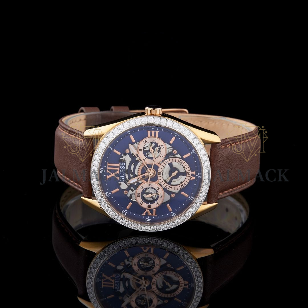 Rose Gold Blue Multifunction Round-Cut Moissanite Watch