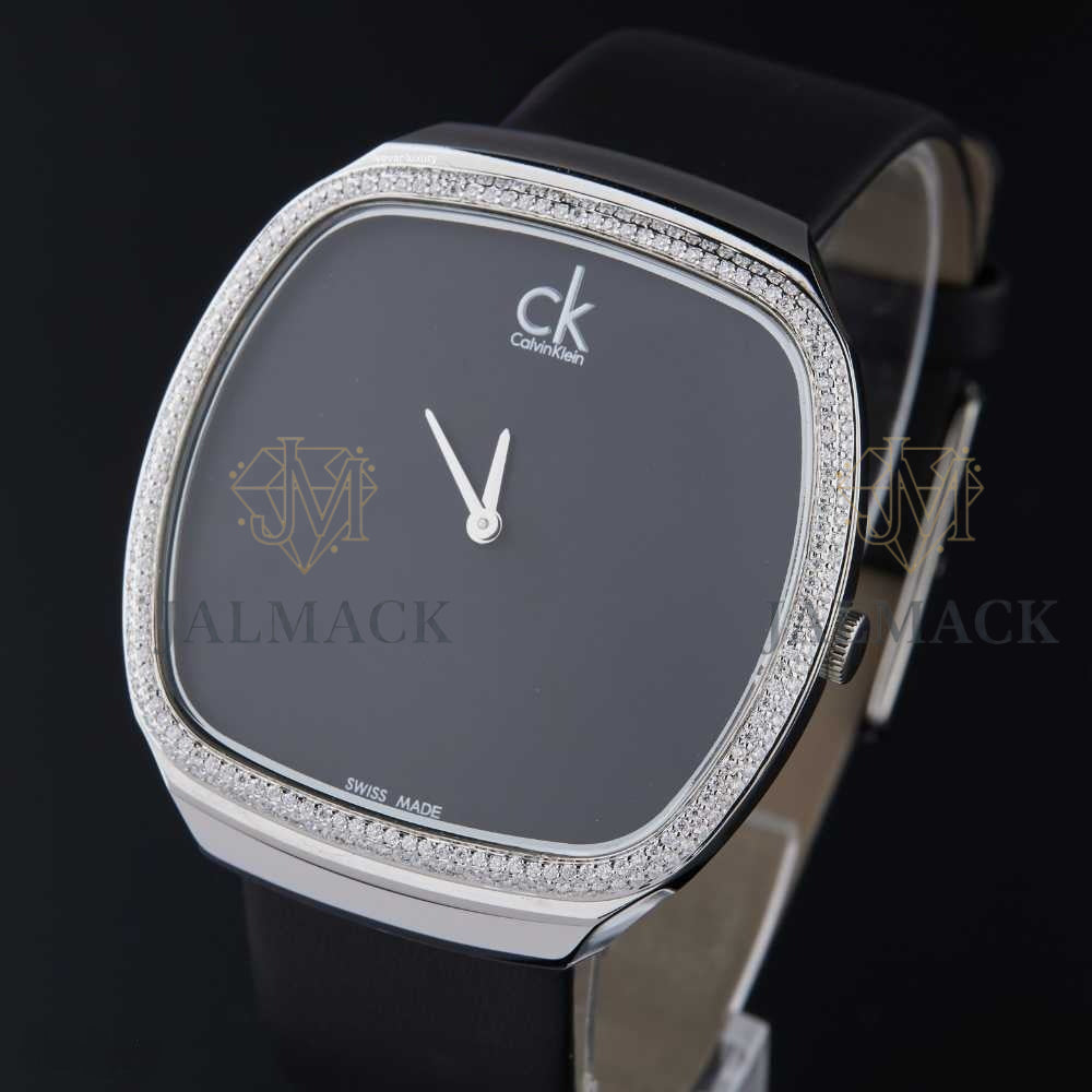 Black Minimalist Dial Round-Cut Moissanite Leather Watch