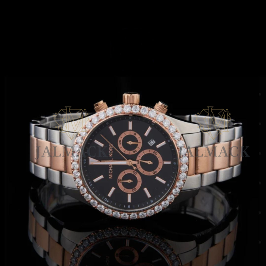 Two-Tone Black Dial Chronograph Round-Cut Moissanite Watch