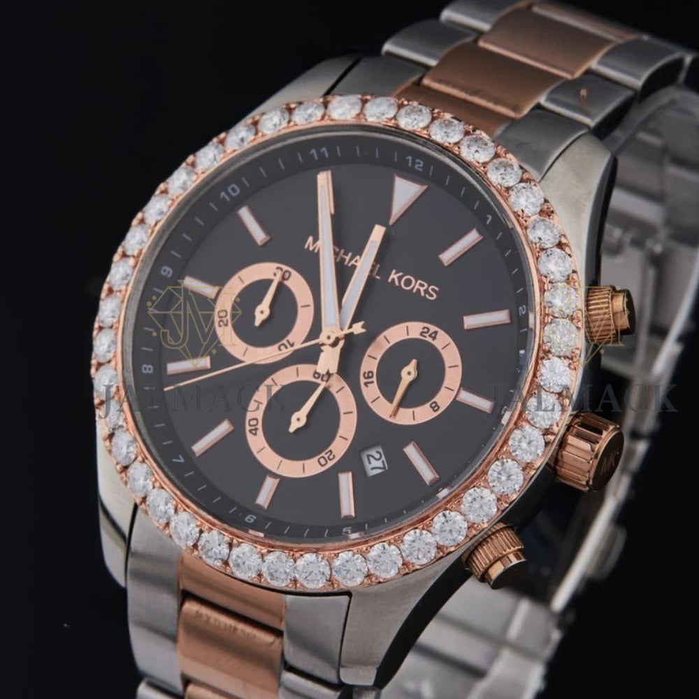 Two-Tone Black Dial Chronograph Round-Cut Moissanite Watch