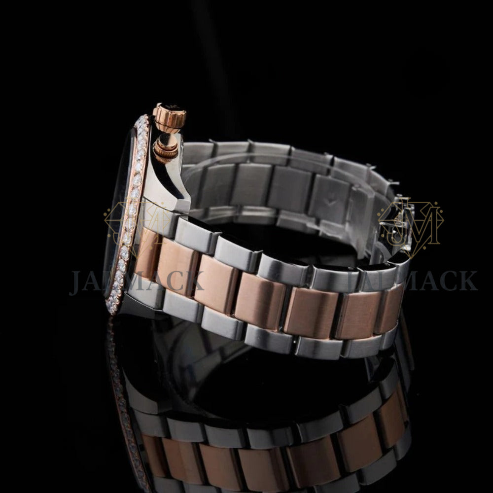Two-Tone Black Dial Chronograph Round-Cut Moissanite Watch