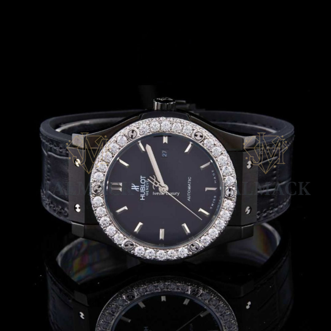 Black Dial Baton Marker Round-Cut Moissanite Automatic Watch