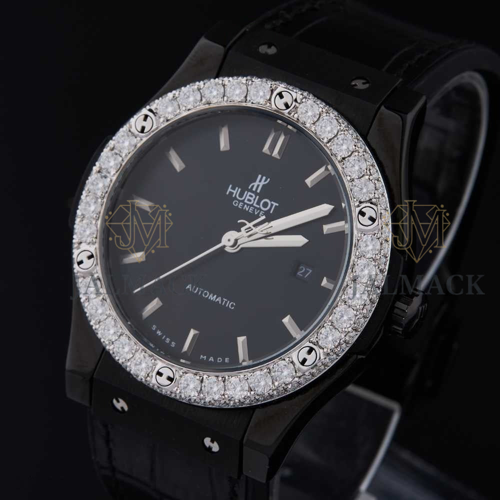 Black Dial Baton Marker Round-Cut Moissanite Automatic Watch