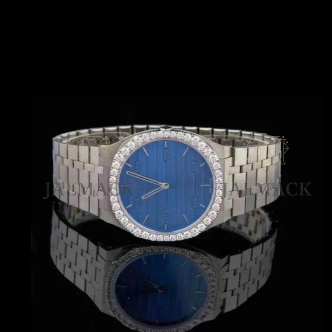 Blue Textured Dial Round-Cut Moissanite Automatic Watch