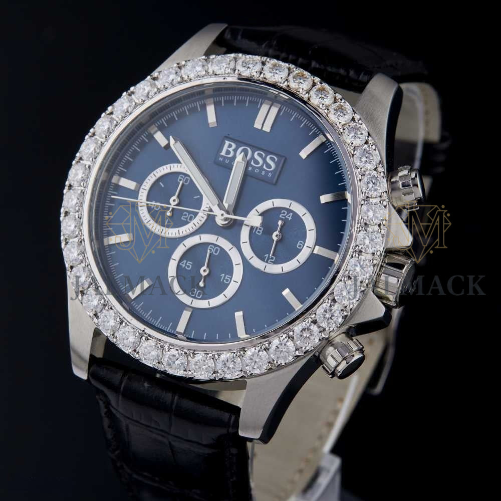 Blue Dial Chronograph Round-Cut Moissanite Leather Watch