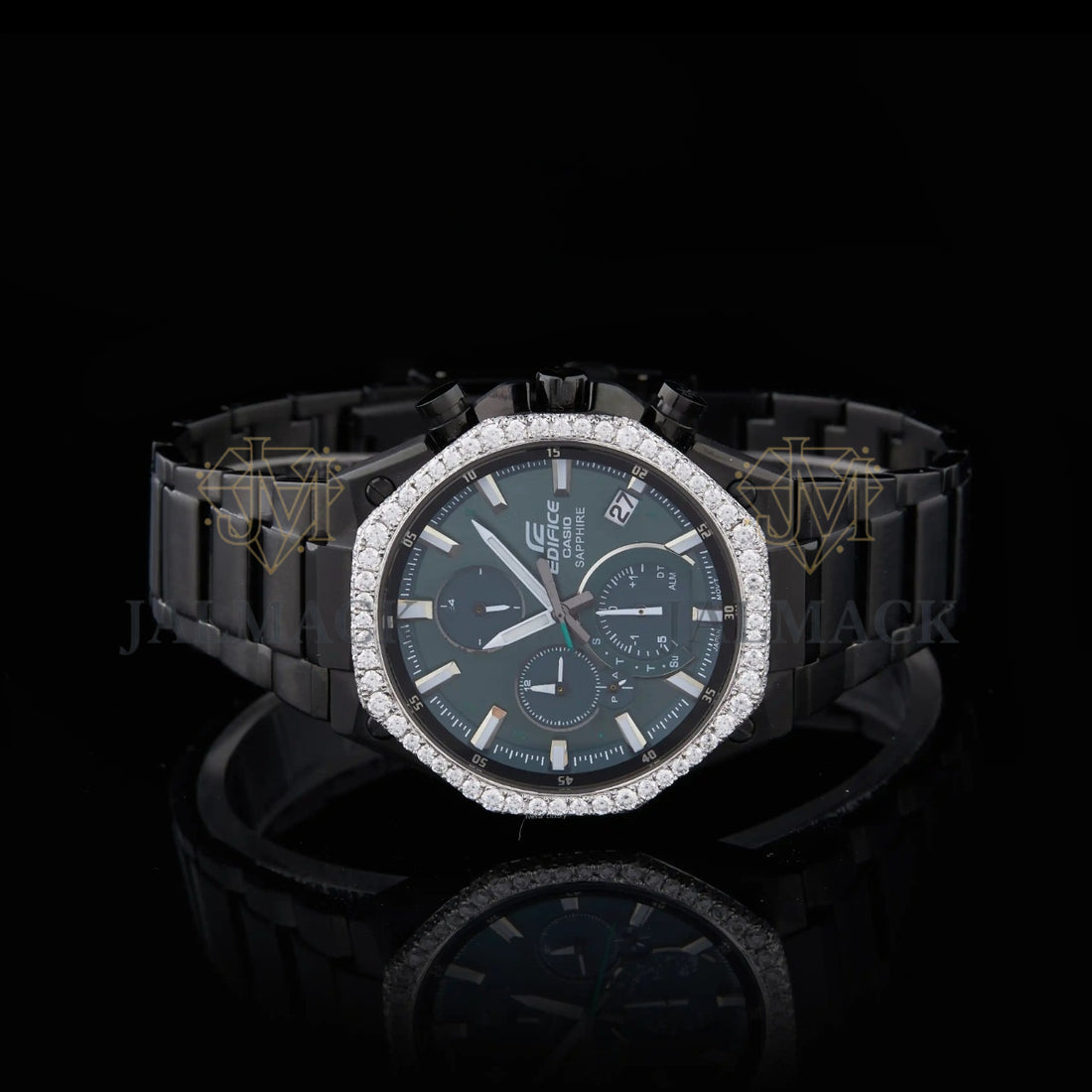 Dark Teal Chronograph Round-Cut Moissanite Black Watch