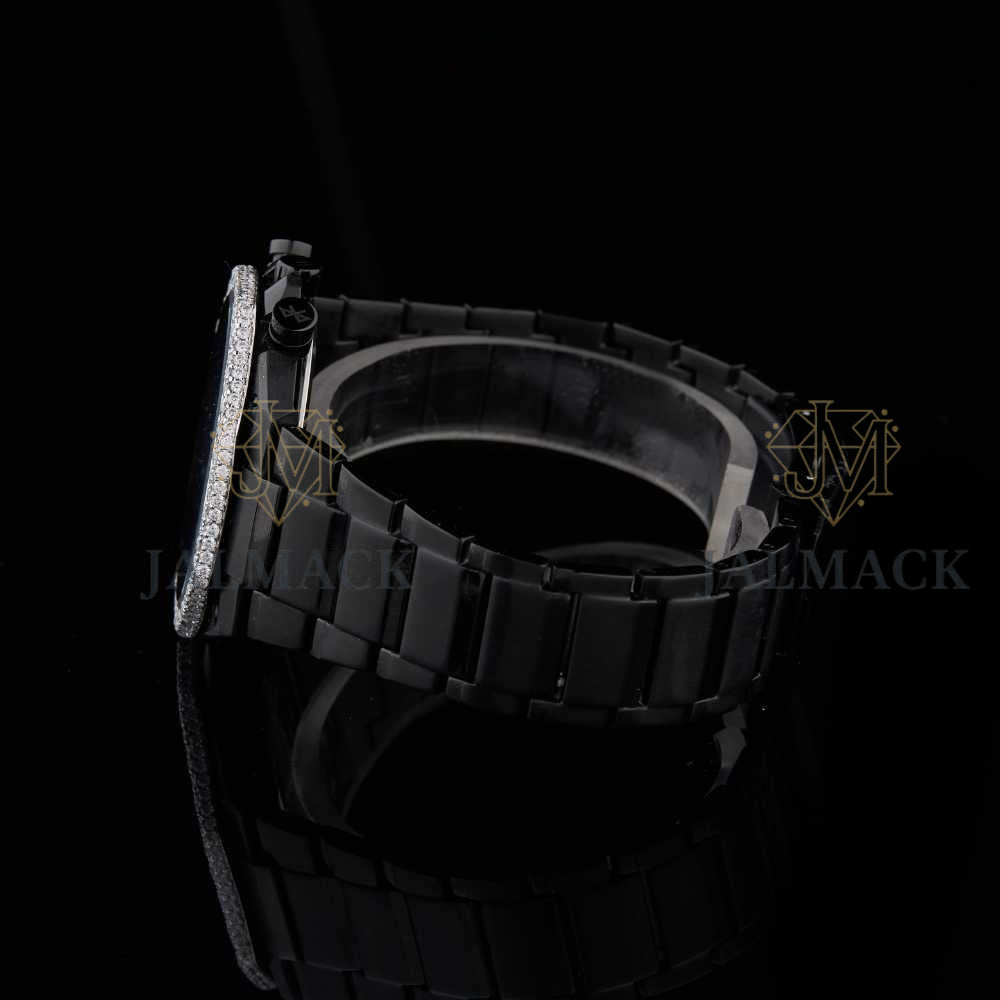 Dark Teal Chronograph Round-Cut Moissanite Black Watch