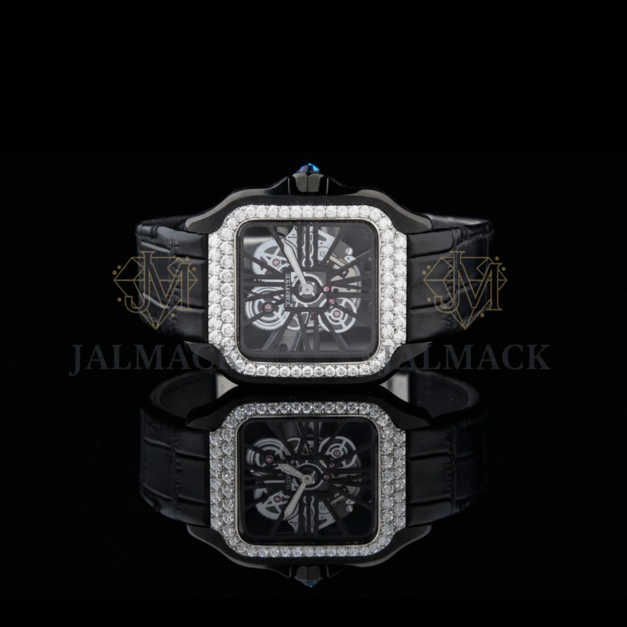 Black Skeleton Square Round-Cut Moissanite Automatic Watch