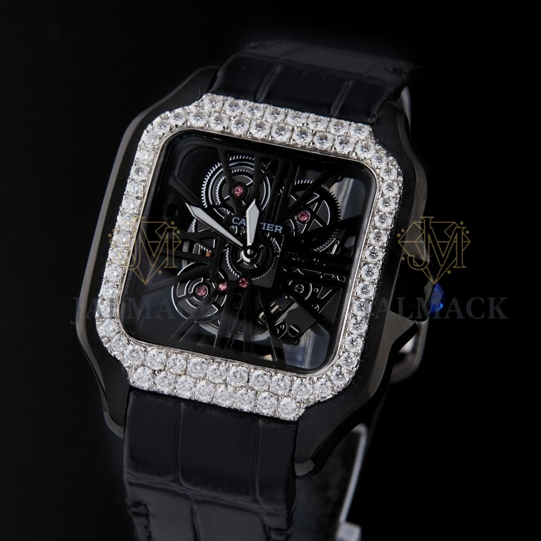 Black Skeleton Square Round-Cut Moissanite Automatic Watch
