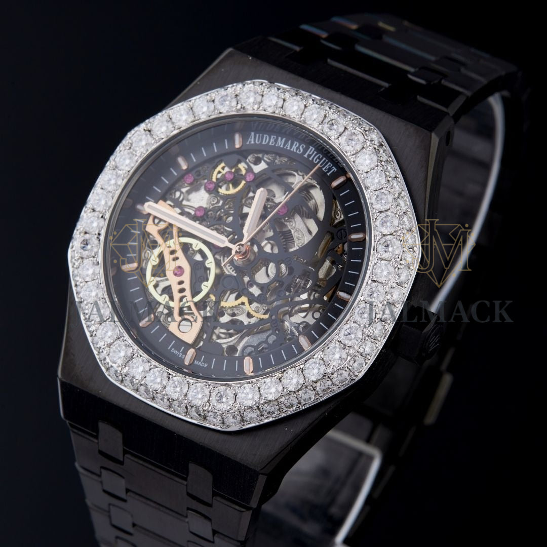 Black Skeleton Double-Row Round-Cut Moissanite Automatic Watch