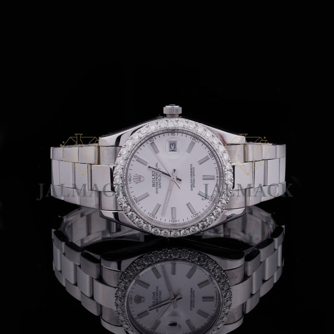 Silver Dial Baton Marker Round-Cut Moissanite Automatic Watch
