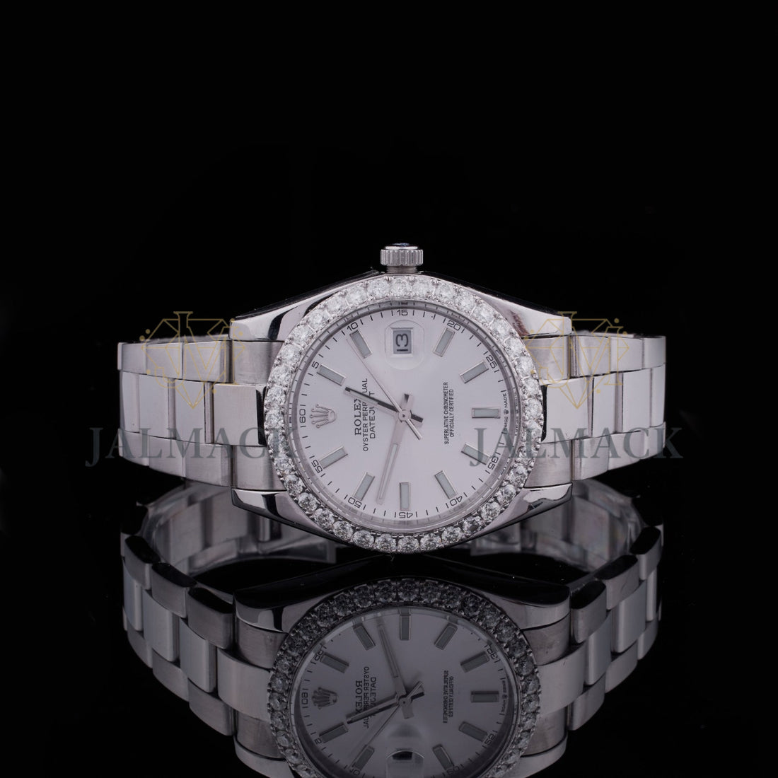 Silver Dial Baton Marker Round-Cut Moissanite Automatic Watch