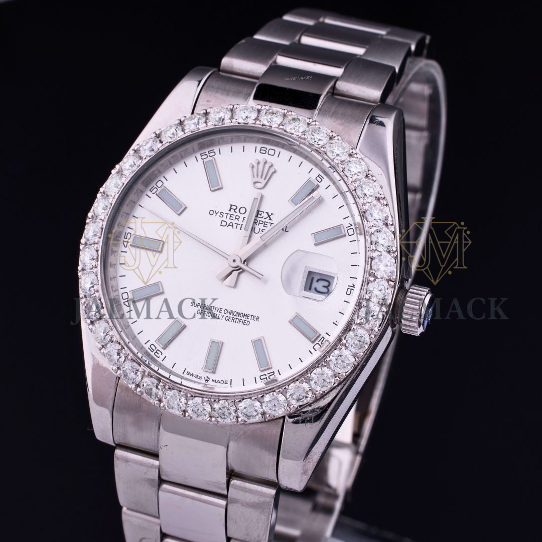 Silver Dial Baton Marker Round-Cut Moissanite Automatic Watch