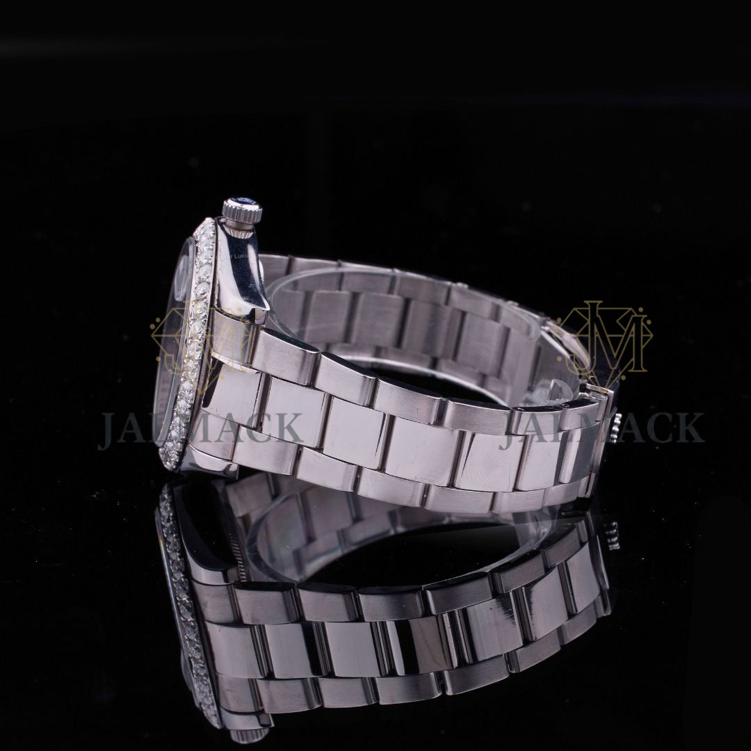 Silver Dial Baton Marker Round-Cut Moissanite Automatic Watch