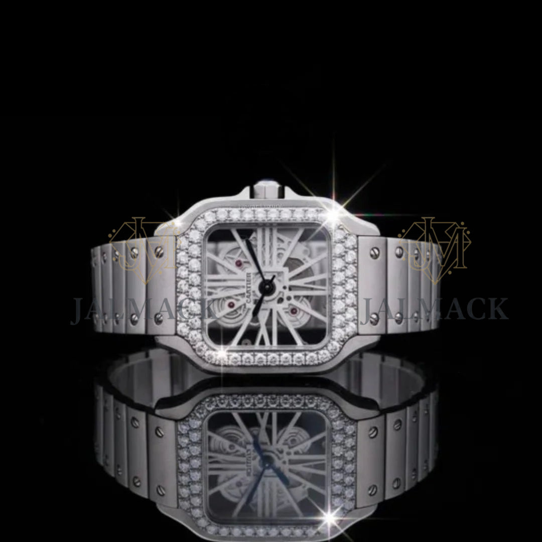Silver Skeleton Square Round-Cut Moissanite Automatic Watch