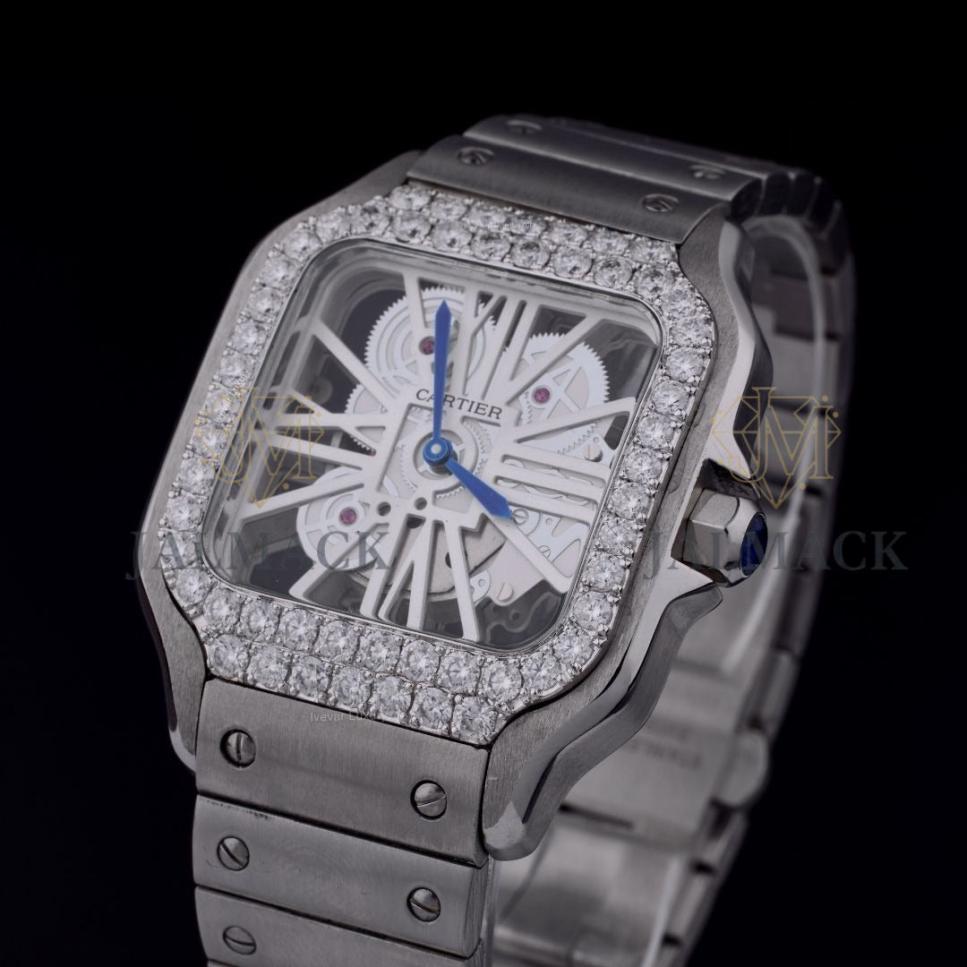 Silver Skeleton Square Round-Cut Moissanite Automatic Watch