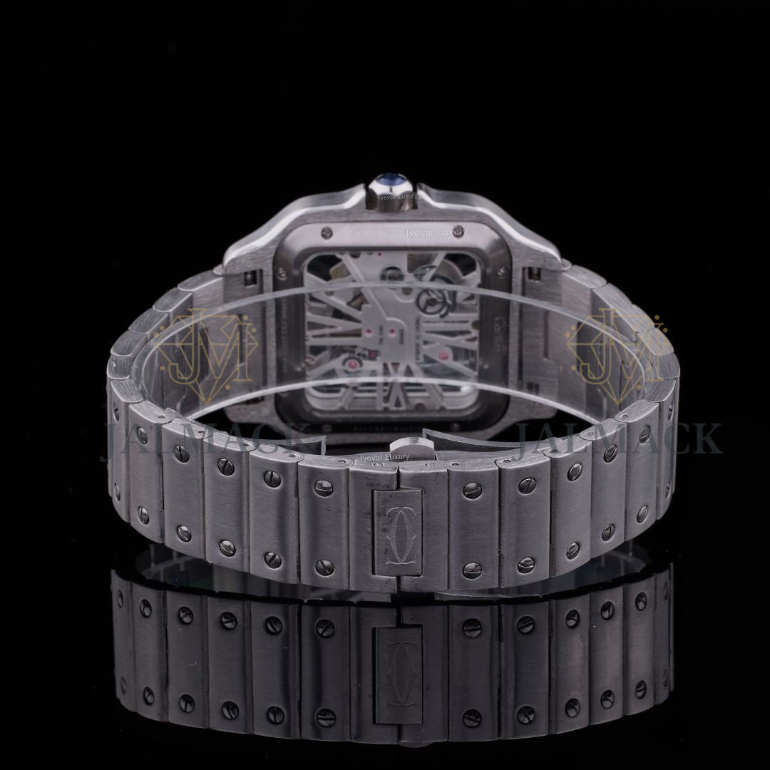 Silver Skeleton Square Round-Cut Moissanite Automatic Watch
