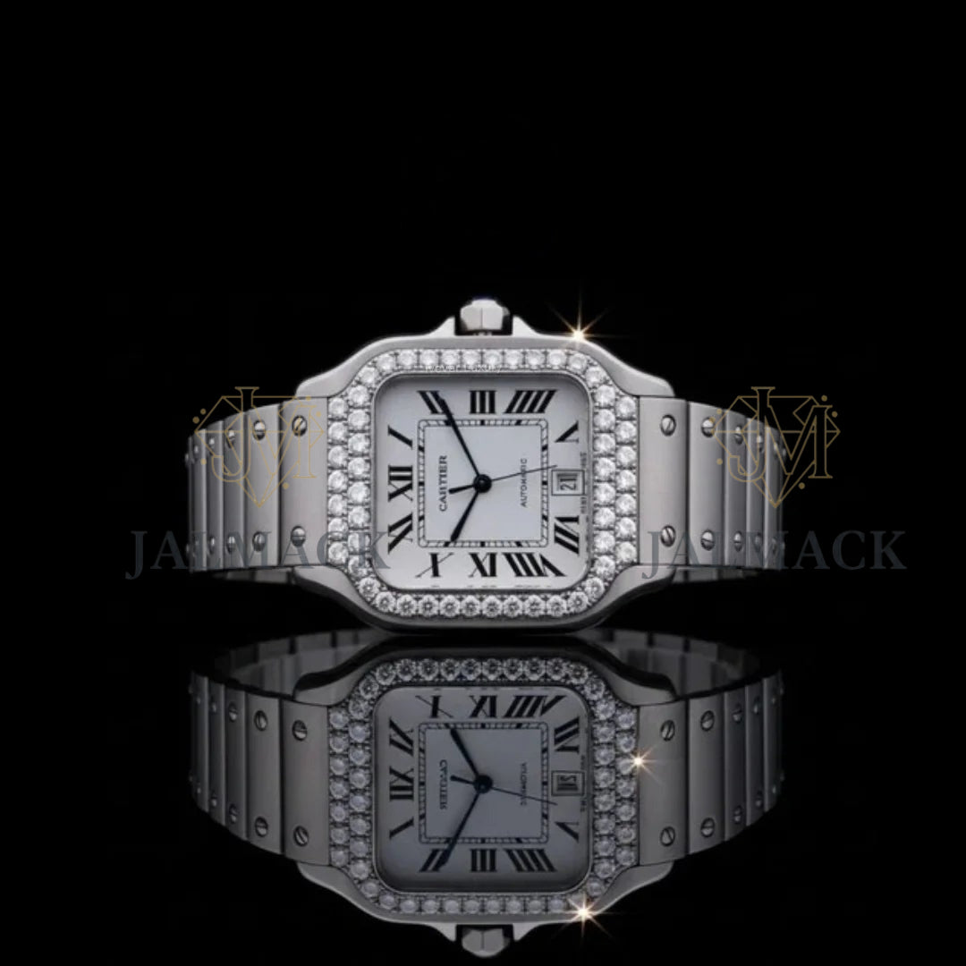 Silver Roman Dial Round-Cut Moissanite Automatic Watch
