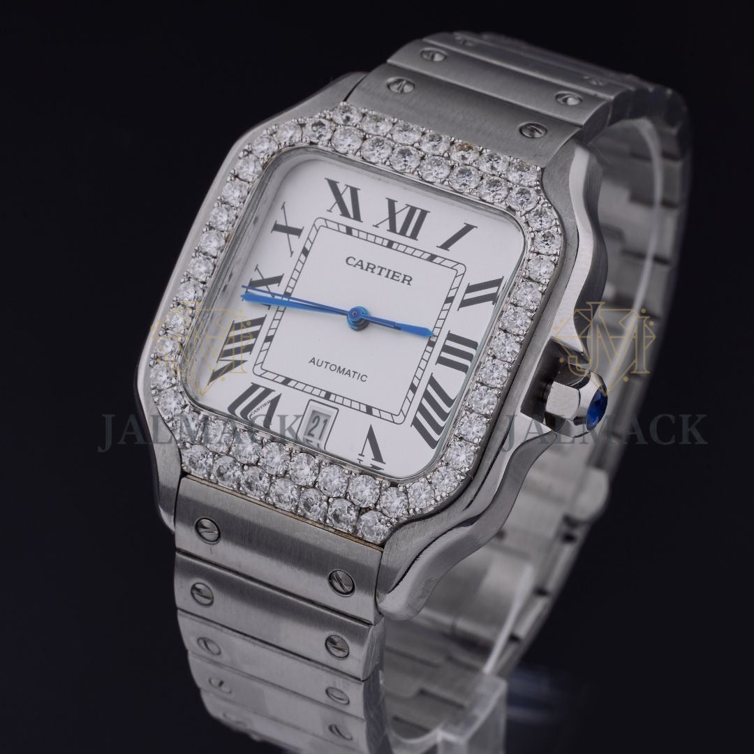 Silver Roman Dial Round-Cut Moissanite Automatic Watch