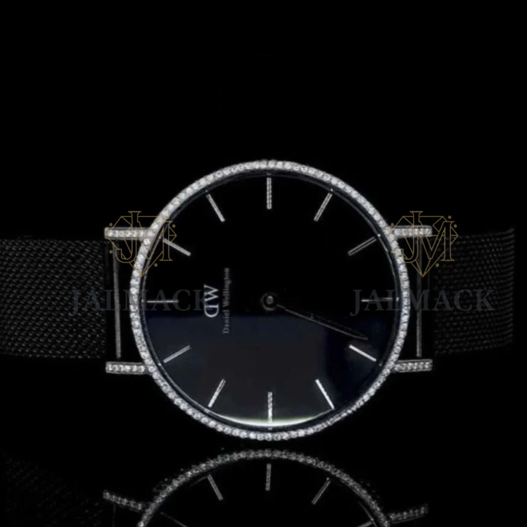 Black Minimalist Round-Cut Moissanite Mesh Strap Watch