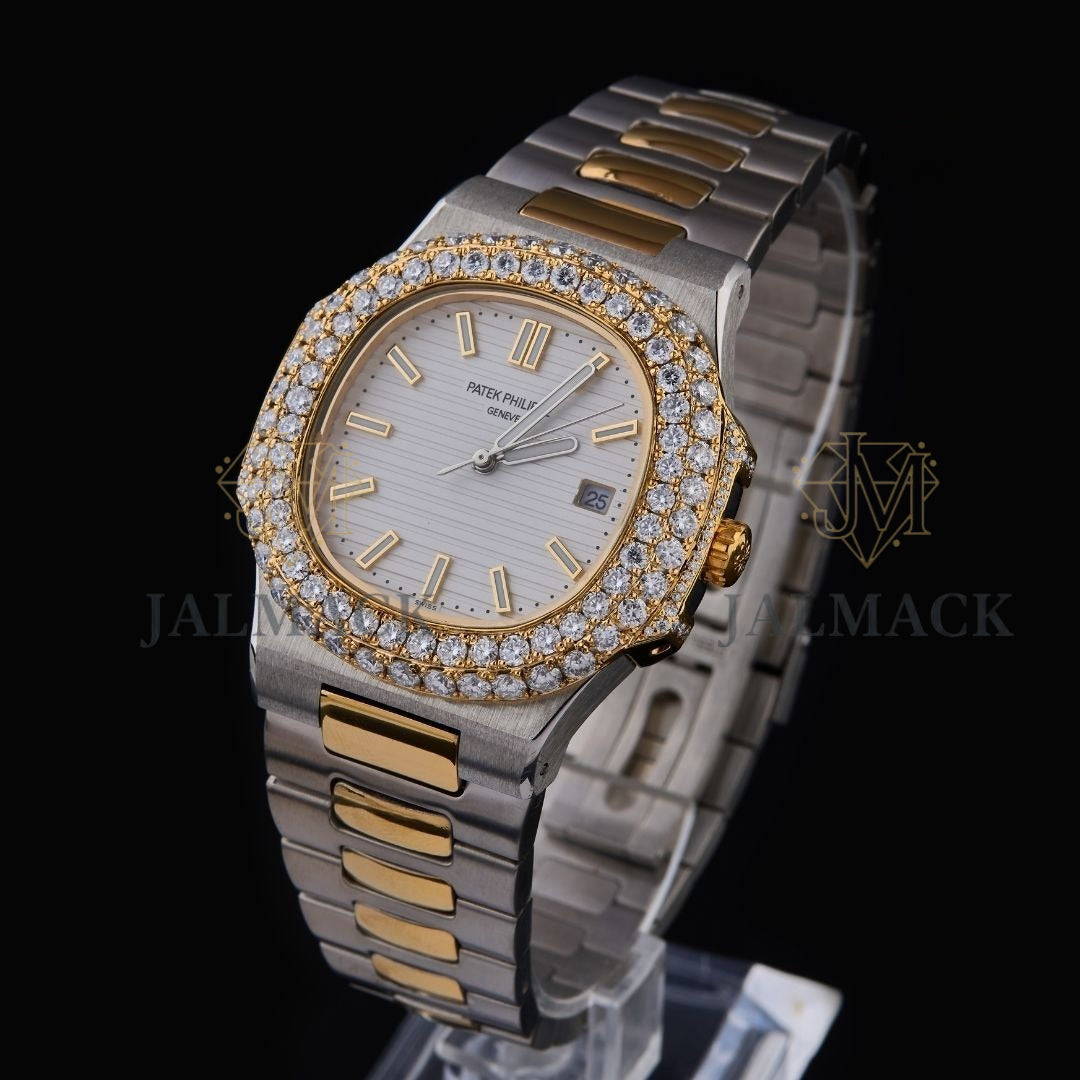 Two-Tone White Dial Double-Row Moissanite Luxury Watch