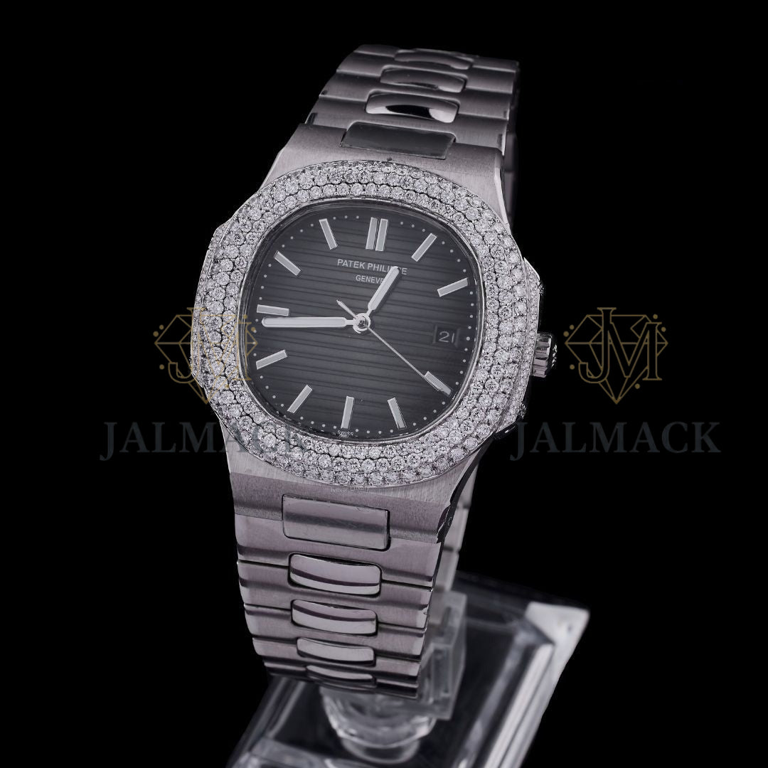Grey Dial Double-Row Round-Cut Moissanite Automatic Watch