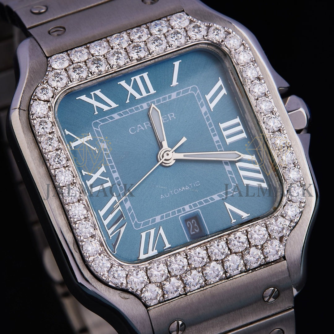 Blue Roman Dial Round-Cut Moissanite Automatic Watch