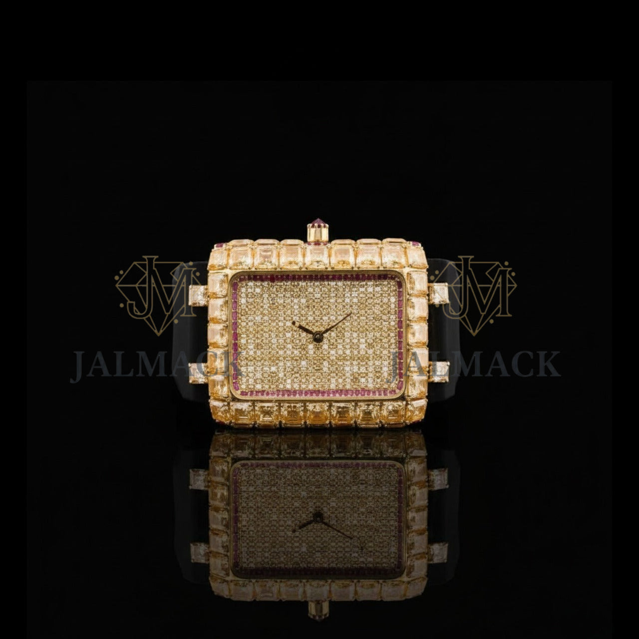 Gold Square Moissanite Watch with Ruby Accent Bezel