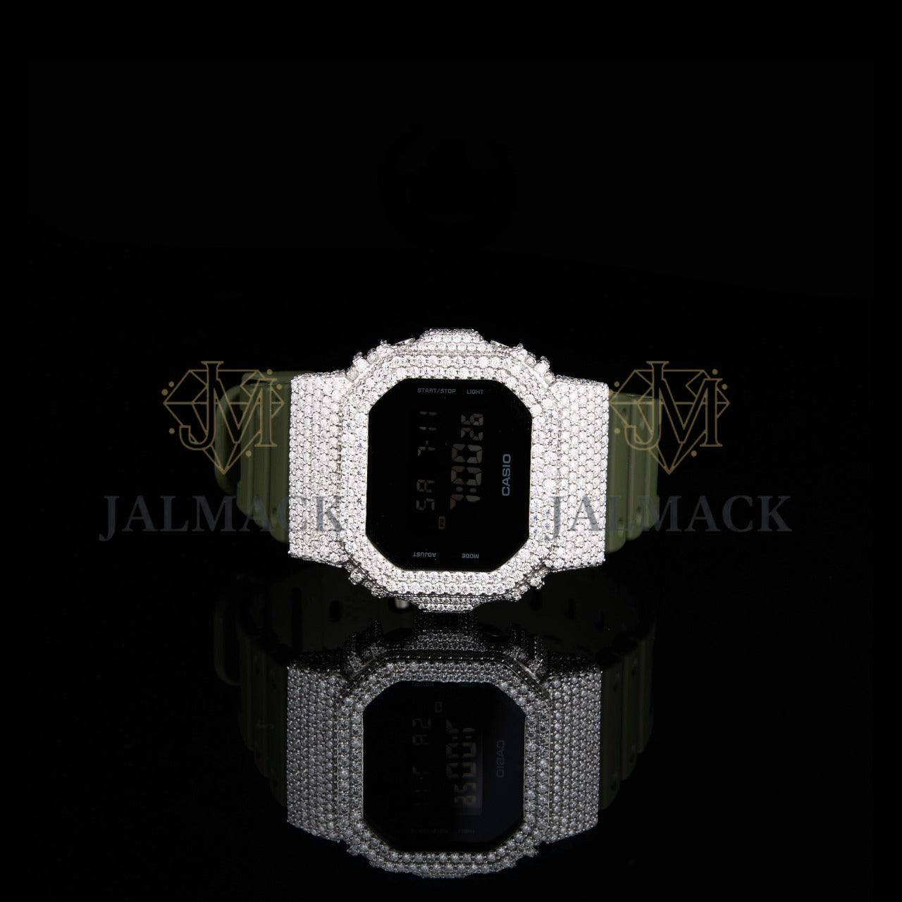 Silver Half Iced Moissanite Digital Watch with Green Strap