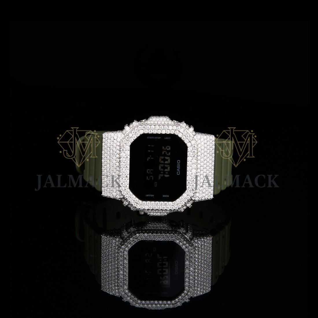 Silver Half Iced Moissanite Digital Watch with Green Strap