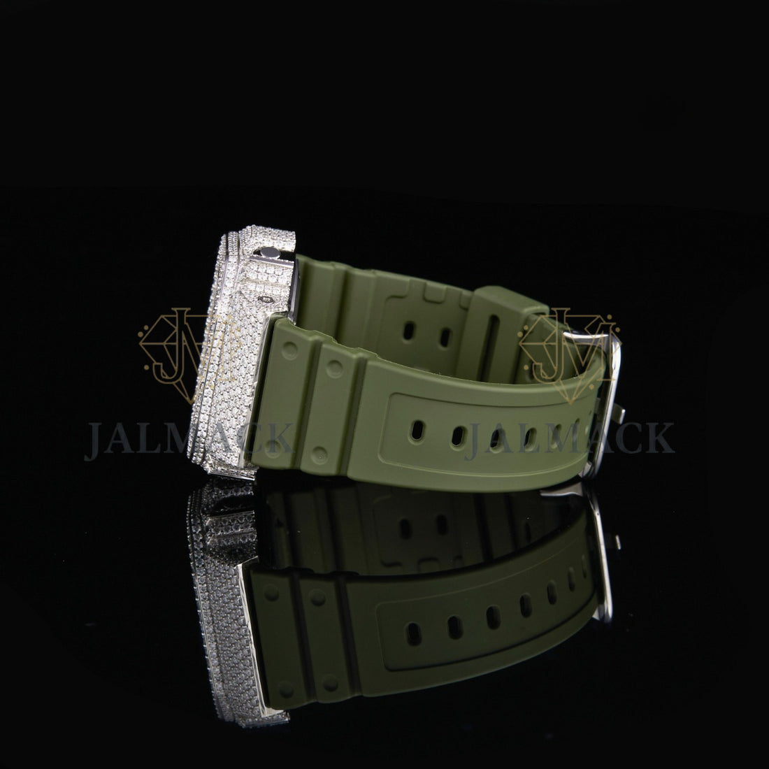 Silver Half Iced Moissanite Digital Watch with Green Strap
