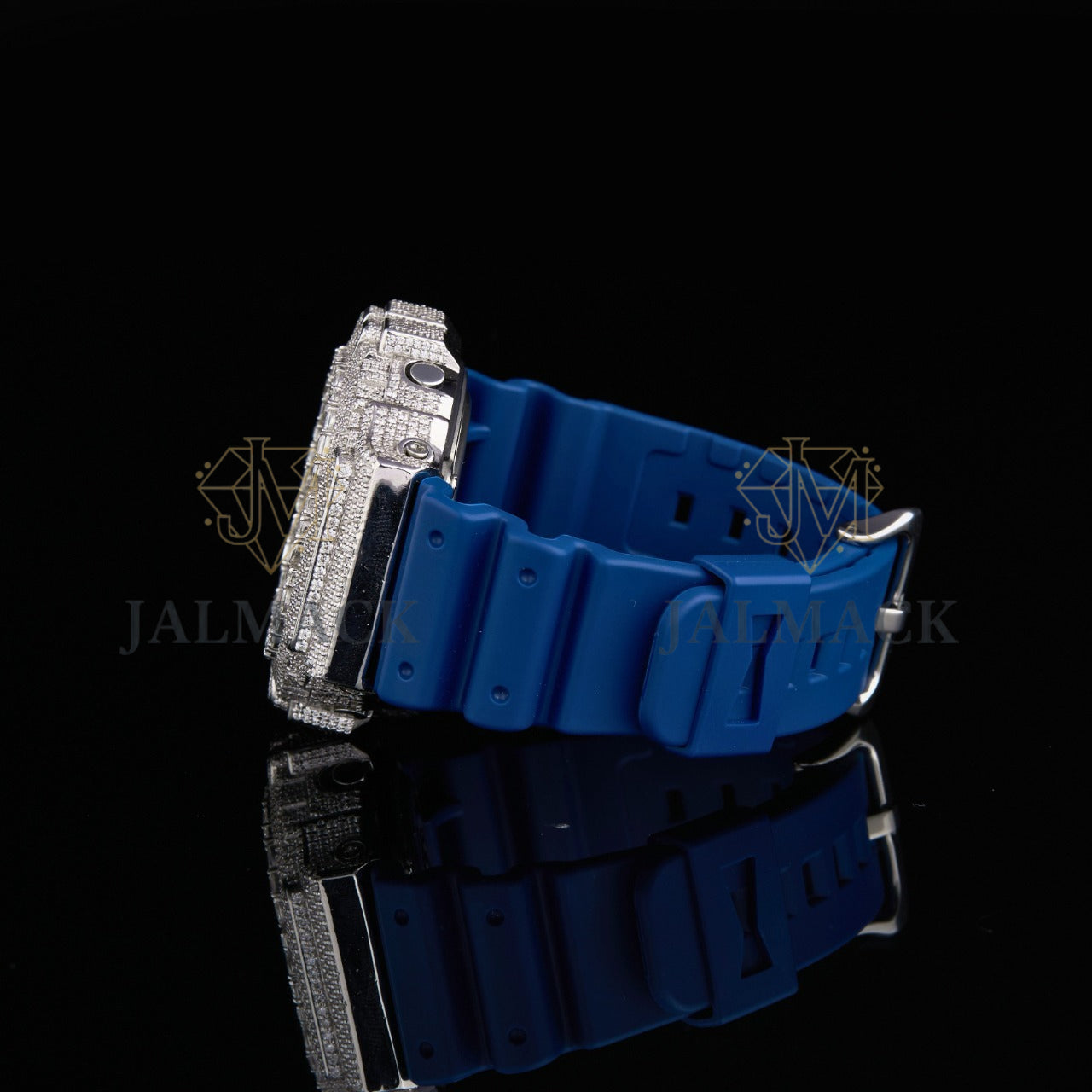 Silver Fully Iced Moissanite Digital Watch with Blue Strap