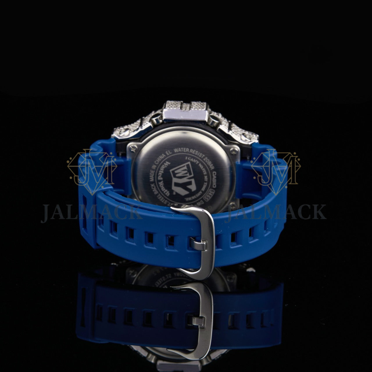 Silver Fully Iced Moissanite Digital Watch with Blue Strap