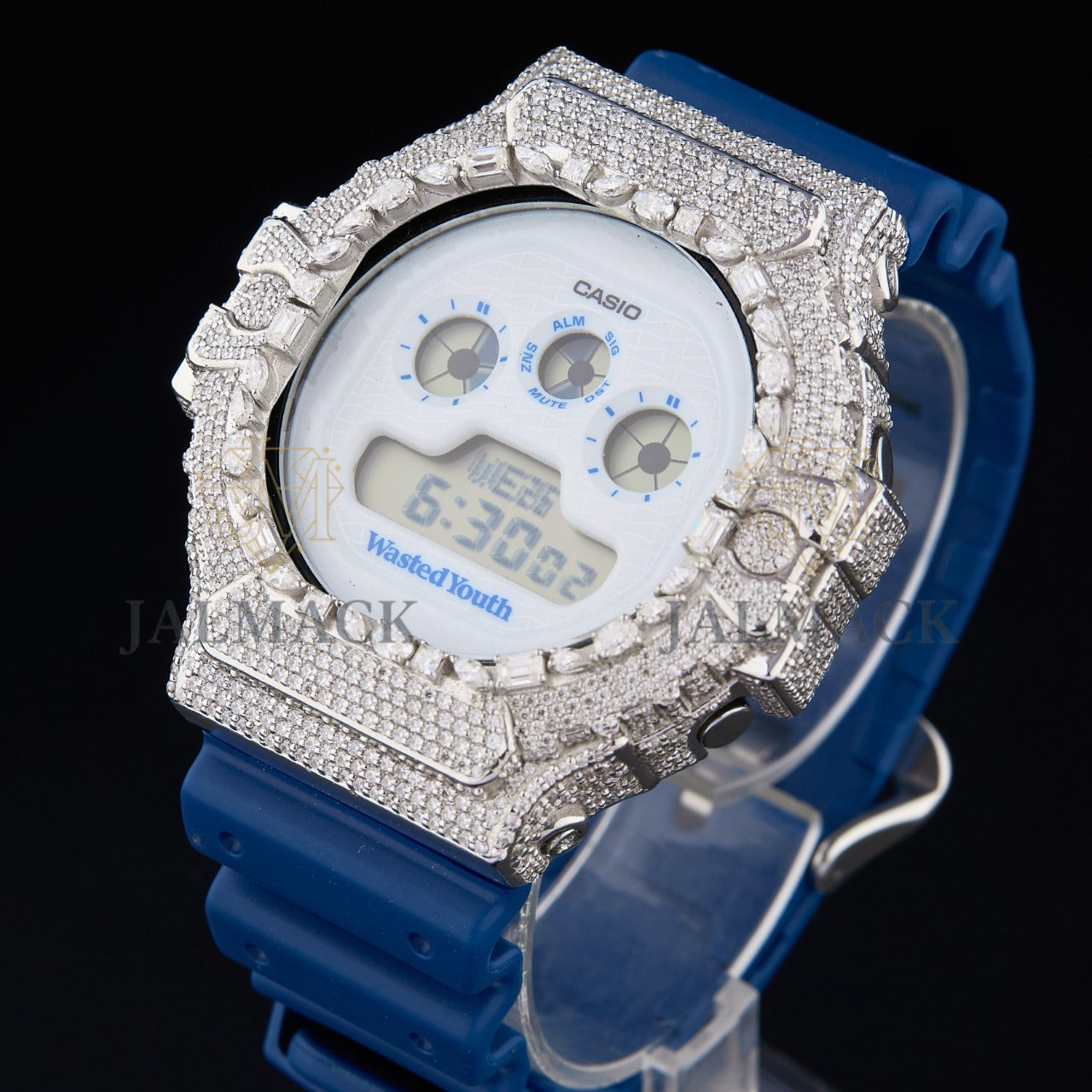 Silver Fully Iced Moissanite Digital Watch with Blue Strap