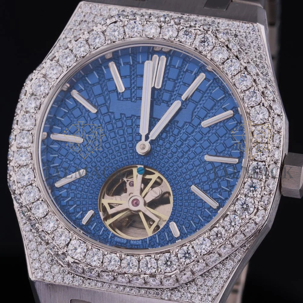 Blue Dial Open-Heart Fully Iced Moissanite Automatic Watch