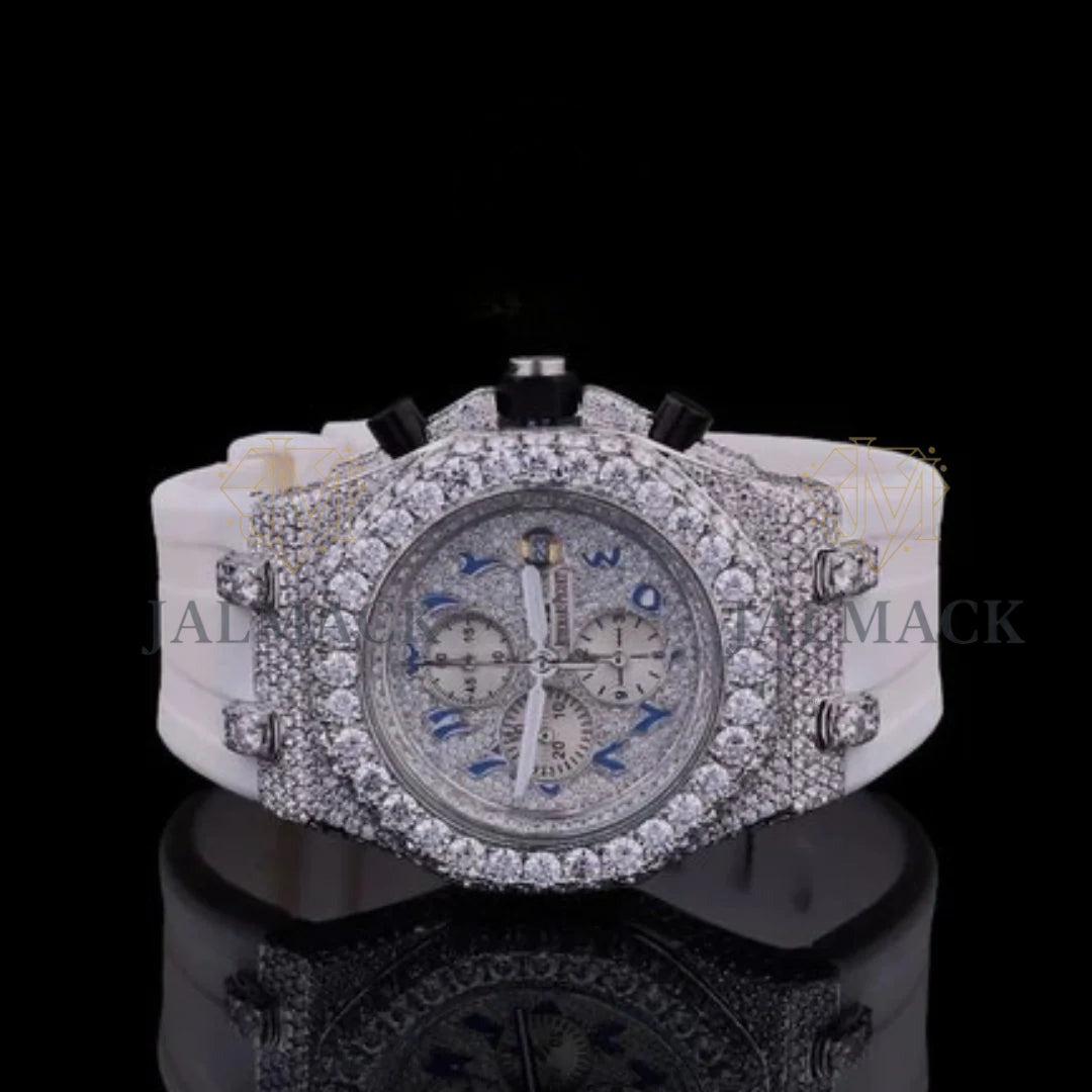 Silver Blue Arabic Dial Fully Iced Moissanite Chronograph Watch