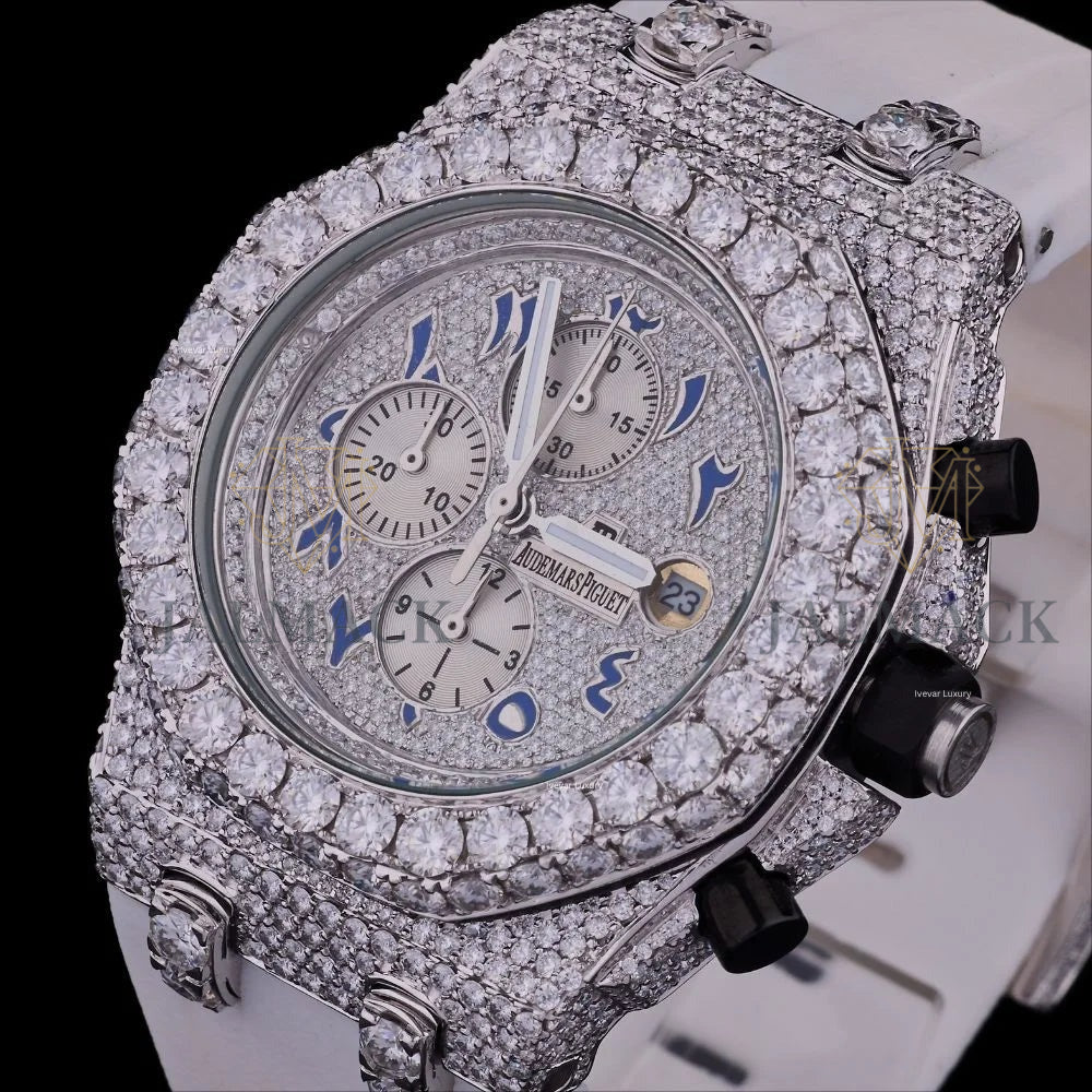 Silver Blue Arabic Dial Fully Iced Moissanite Chronograph Watch