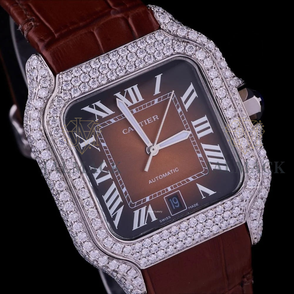 Brown Roman Dial Fully Iced Moissanite Automatic Watch