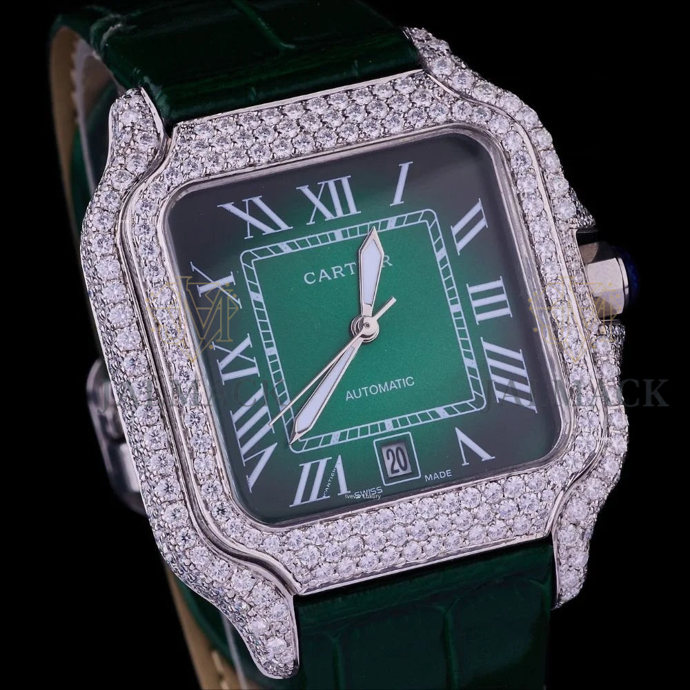 Green Roman Dial Fully Iced Moissanite Automatic Watch