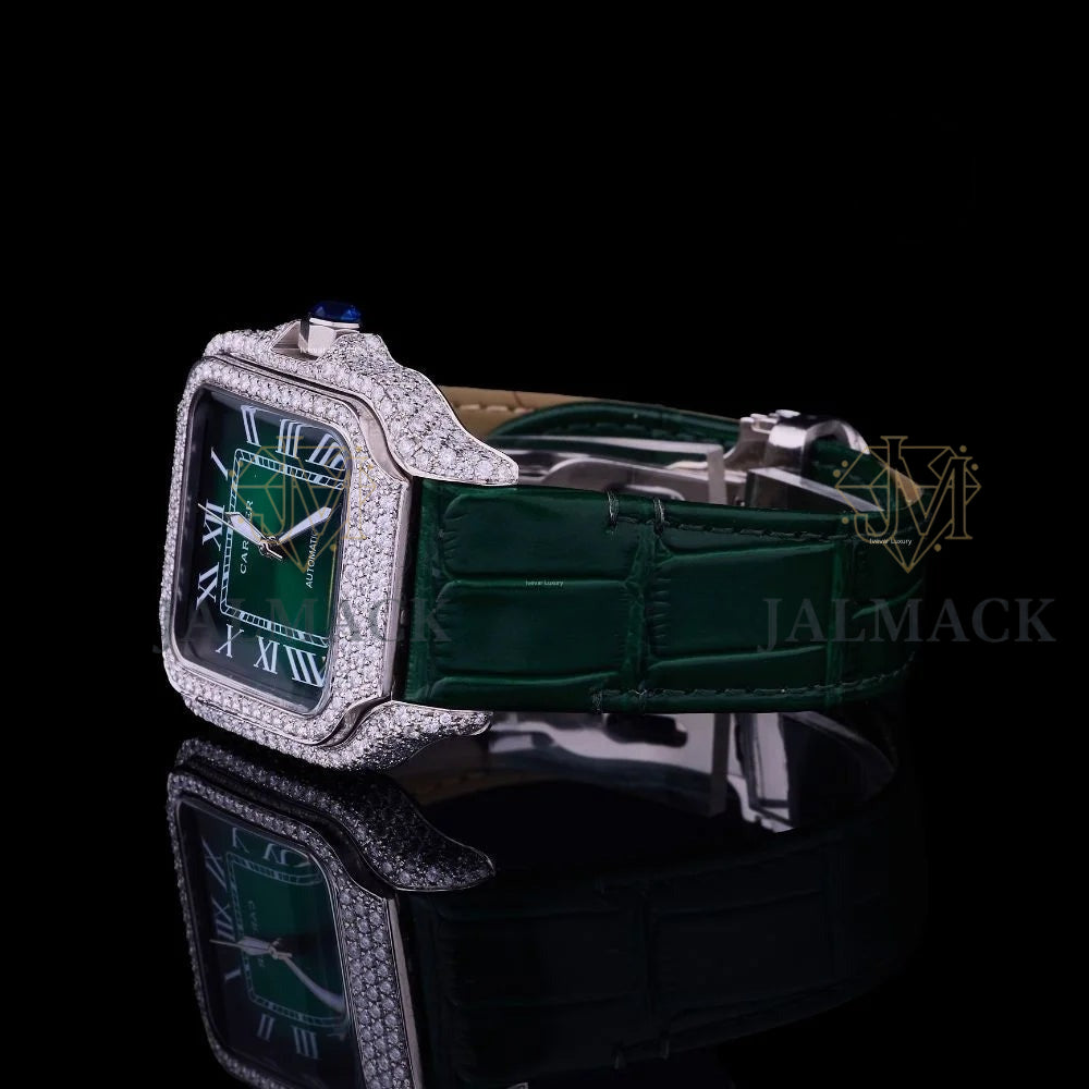 Green Roman Dial Fully Iced Moissanite Automatic Watch